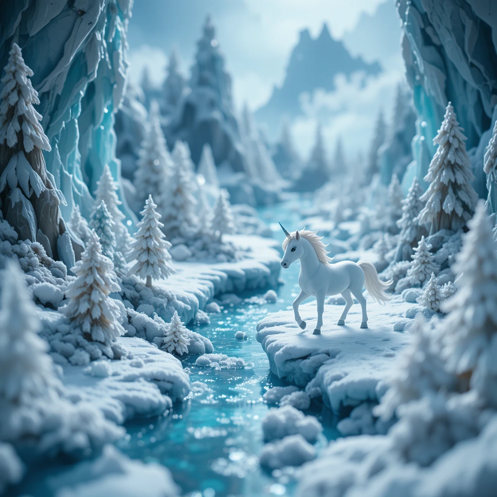 Unicorno in claymation macro in un paesaggio fantasy ghiacciato