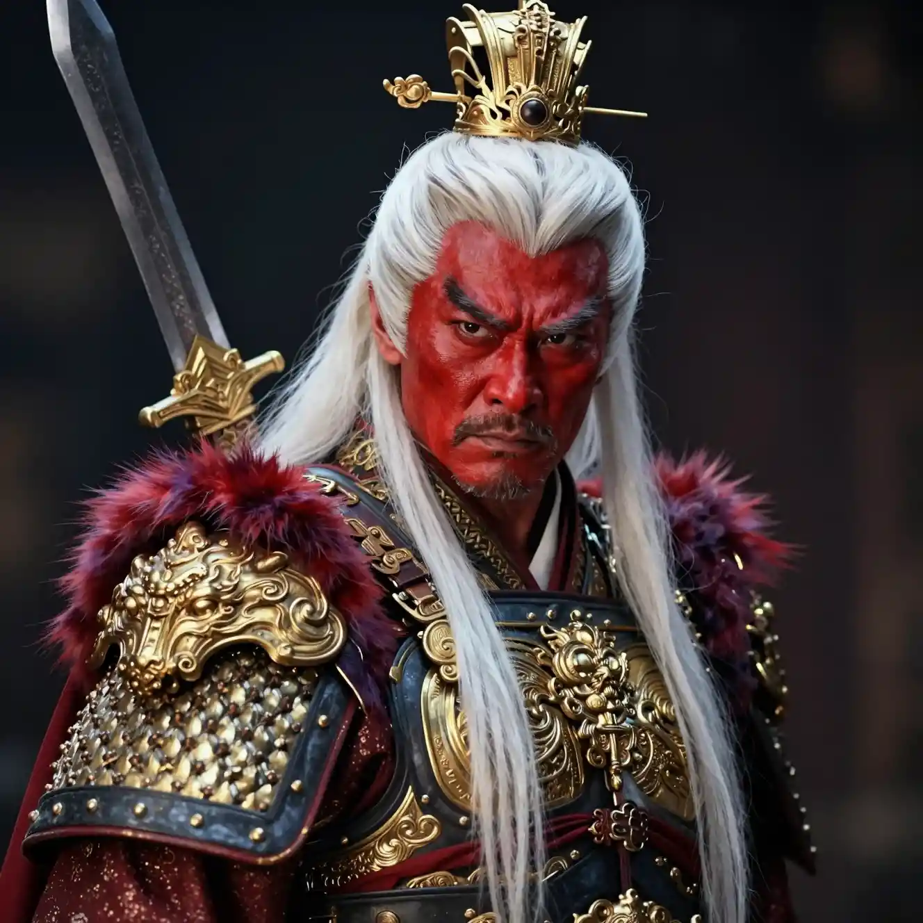 Ancient Chinese warrior in golden armor with red face