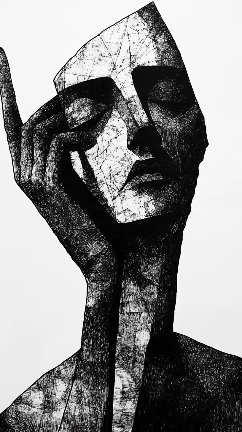 Gaunt male portrait in fragmented surreal ink drawing