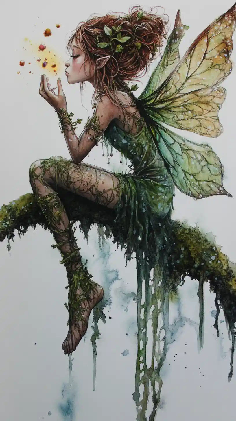 Forest fairy blowing glowing spores on a mossy branch