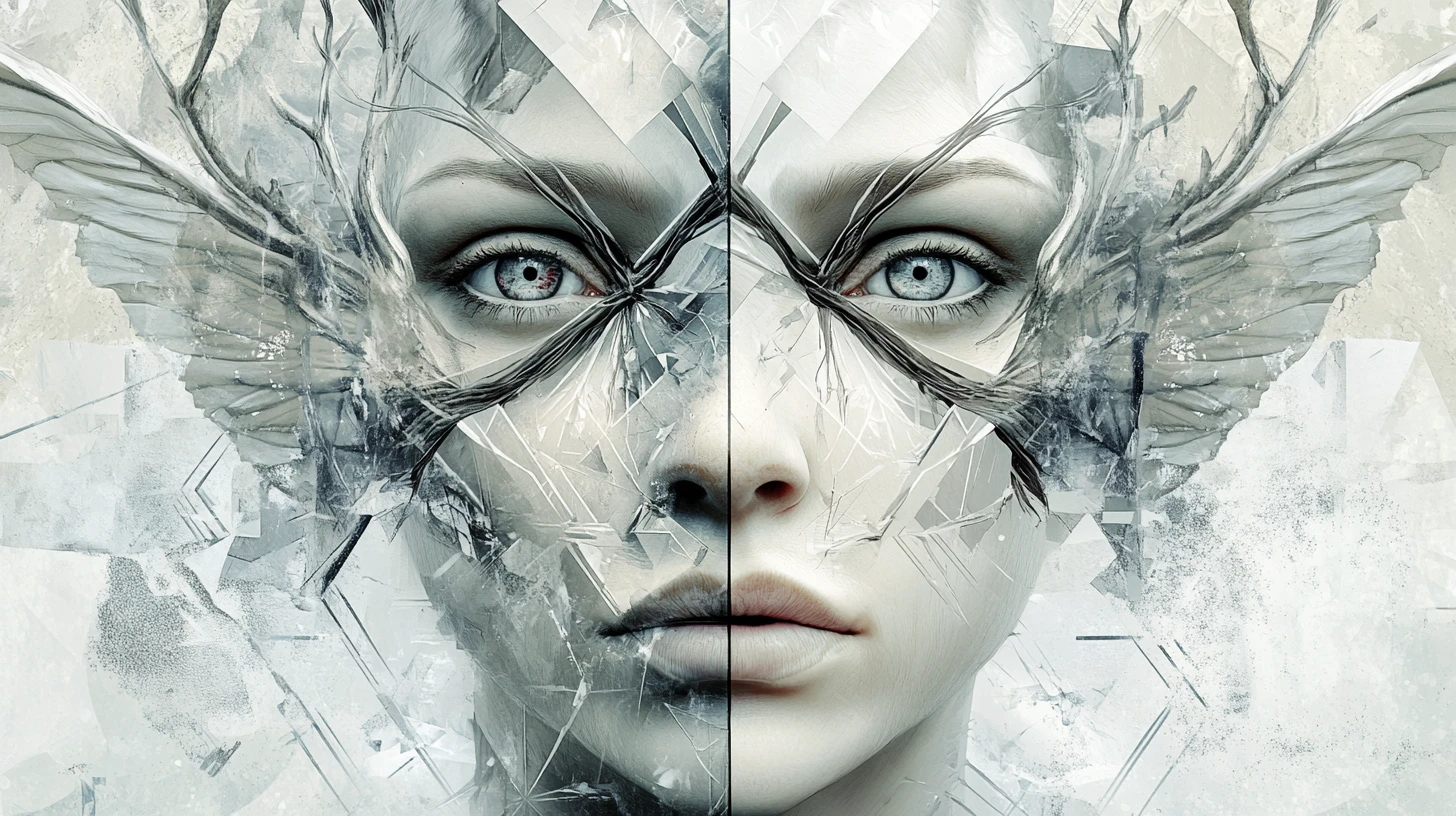 Symmetrical human and mythic face merging into one form