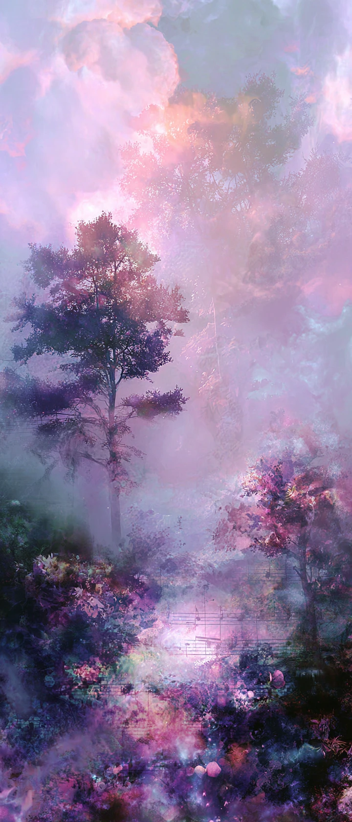 Surreal dream world blending nature elements with musical motifs