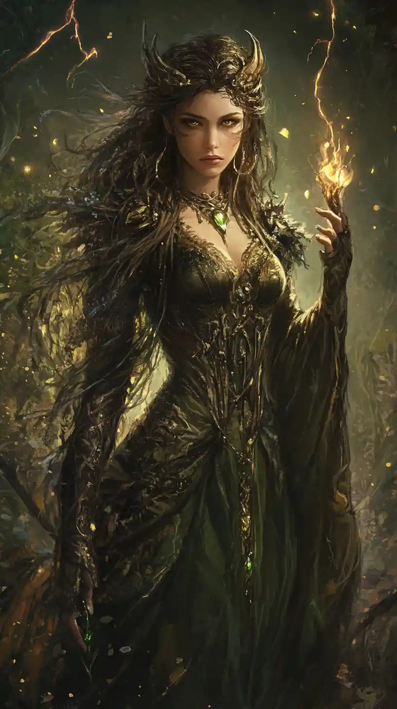 Fantasy summer woman surrounded by dramatic bronze lightning
