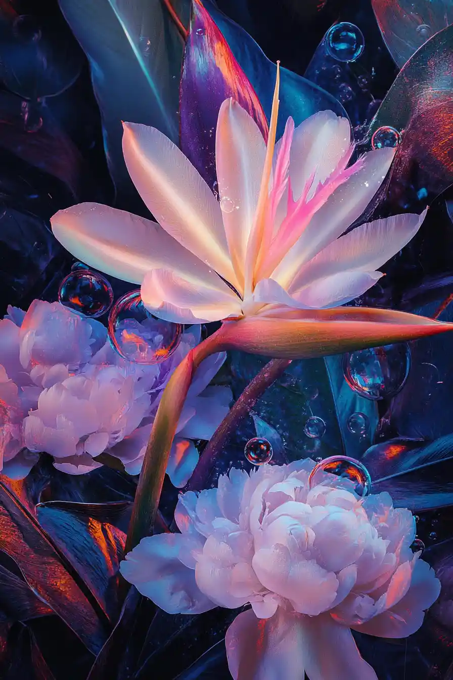 Glowing light bubbles around a large lilac flower