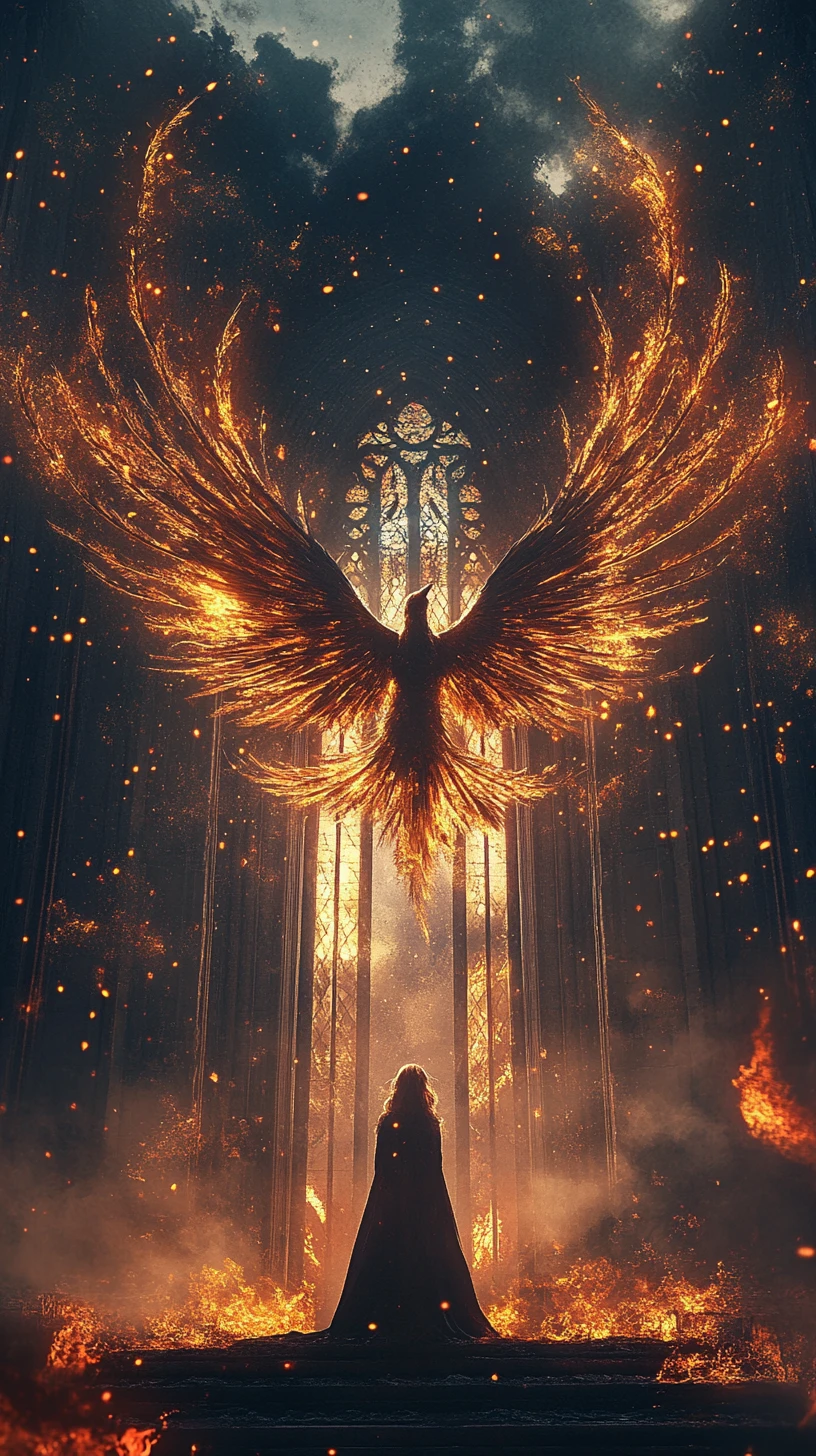 Mujer surrealista ante alas de fénix y luz de catedral
