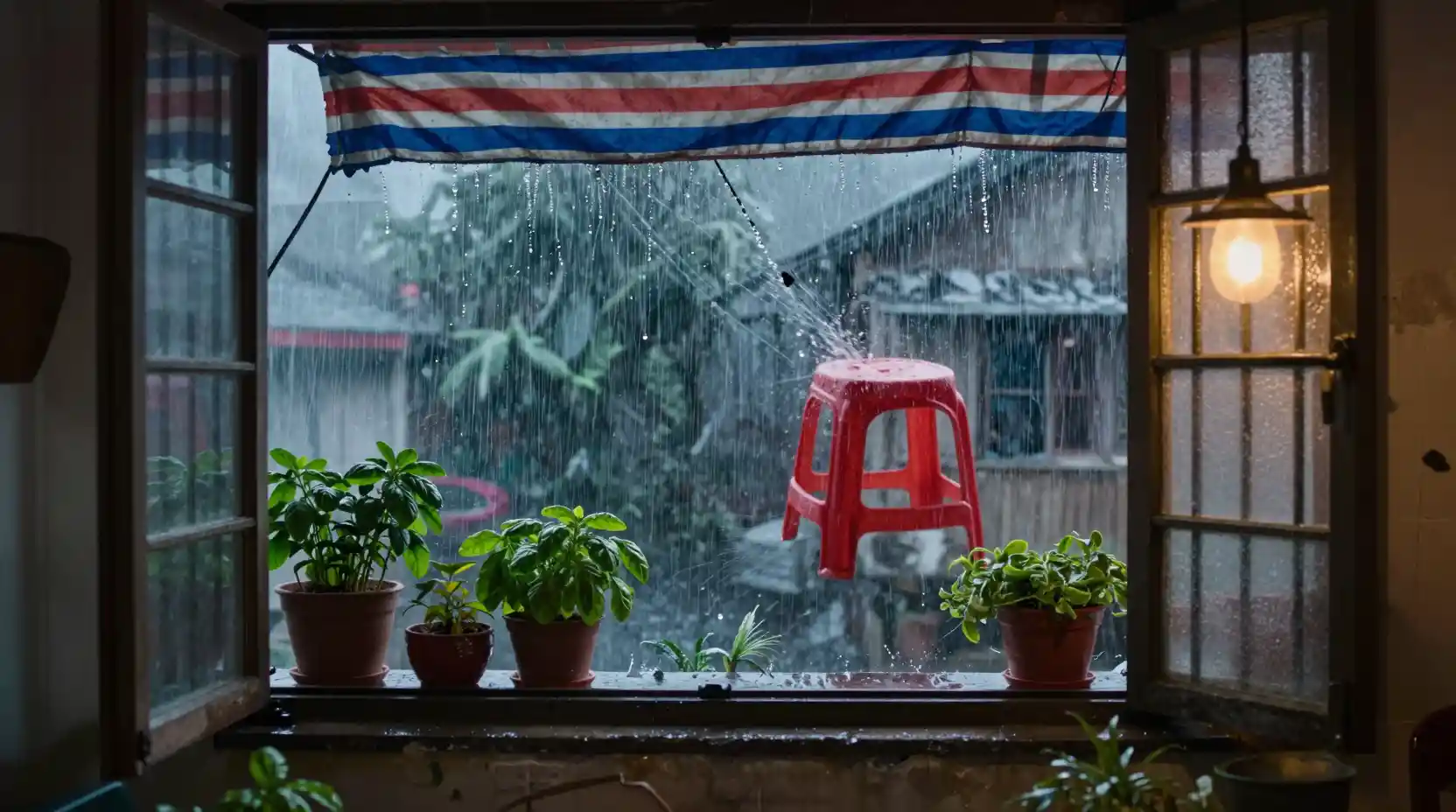 Taiwanese apartment balcony facing a raging typhoon outside