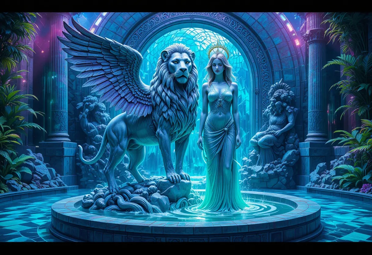 Winged lion and summer goddess beside shimmering mosaic fountain