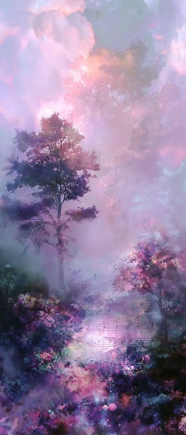 Surreal dream world blending nature elements with musical motifs
