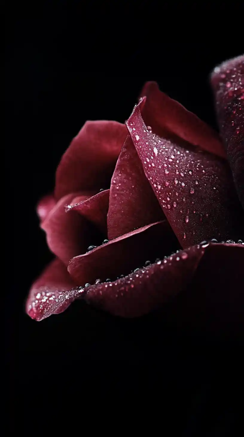 Petalo di rosa scuro in primo piano drammatico con dettagli di rugiada