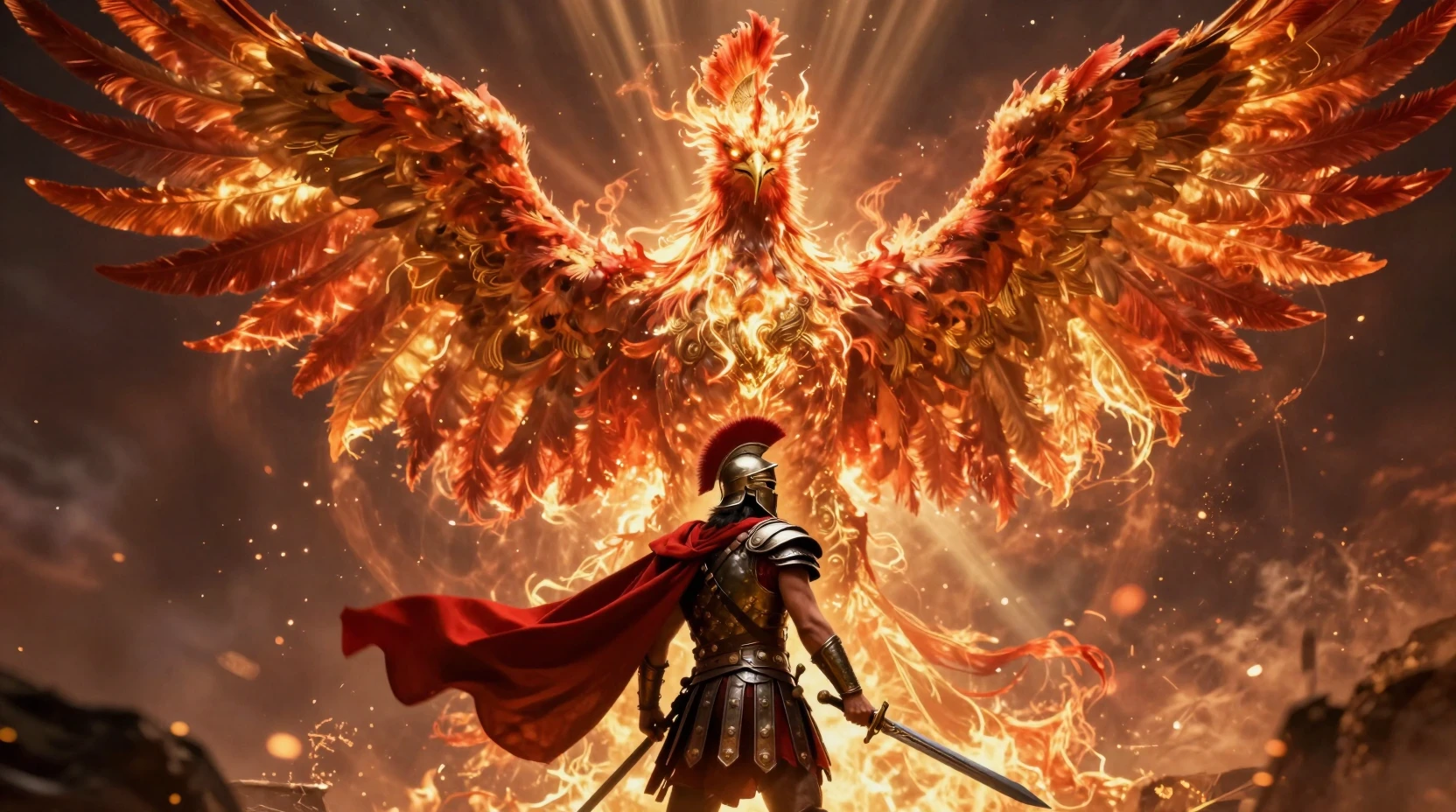 Majestic Phoenix Towering Over Lone Spartan Warrior