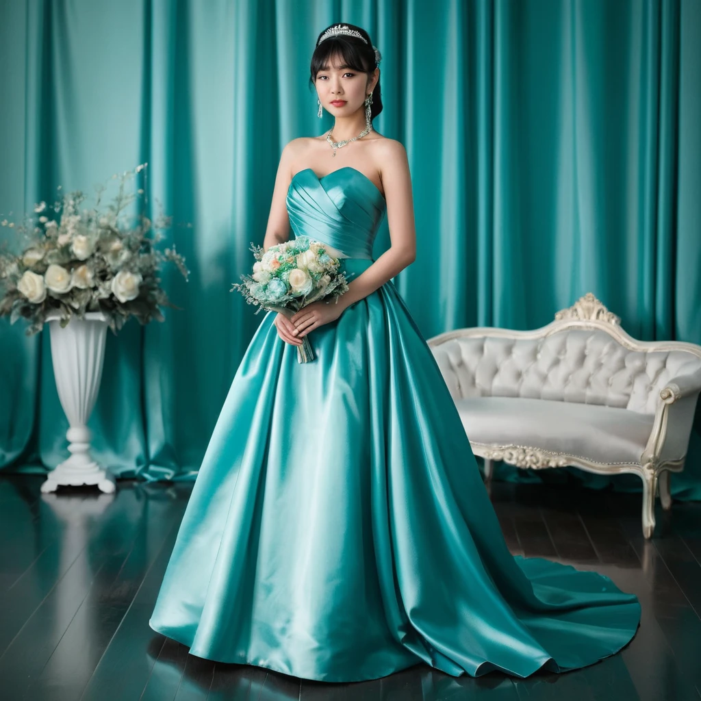 Elegant young bride in turquoise satin gown indoors
