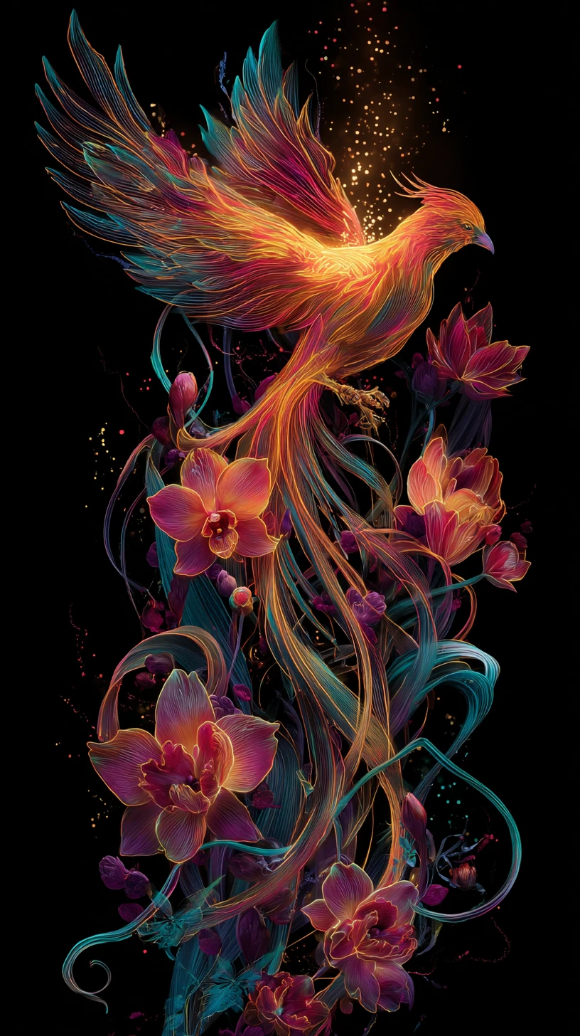 Radiant phoenix rising amid neon orchids and vines