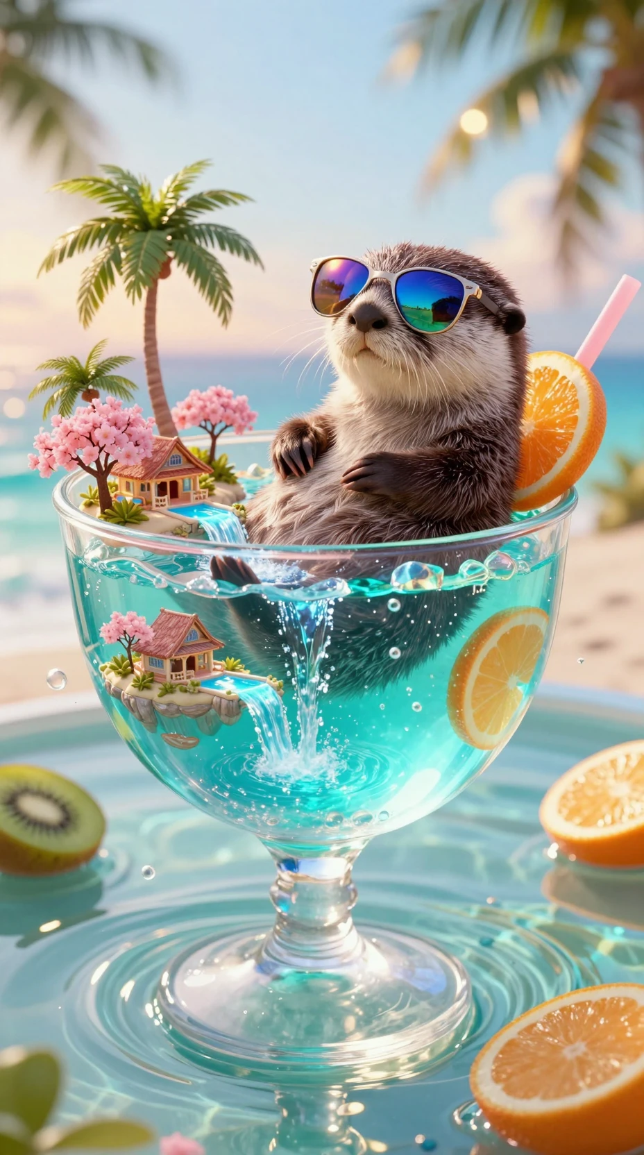 Cute Otter Relaxing In A Crystal Tropical Cocktail