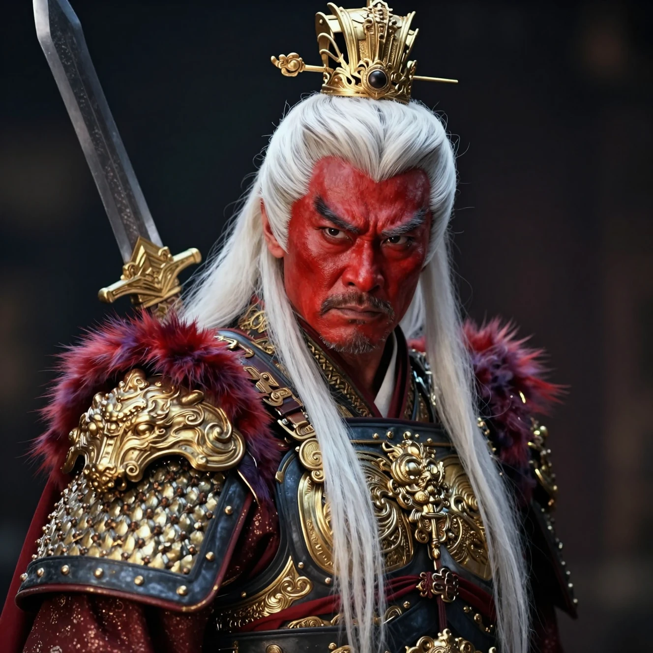 Ancient Chinese warrior in golden armor with red face
