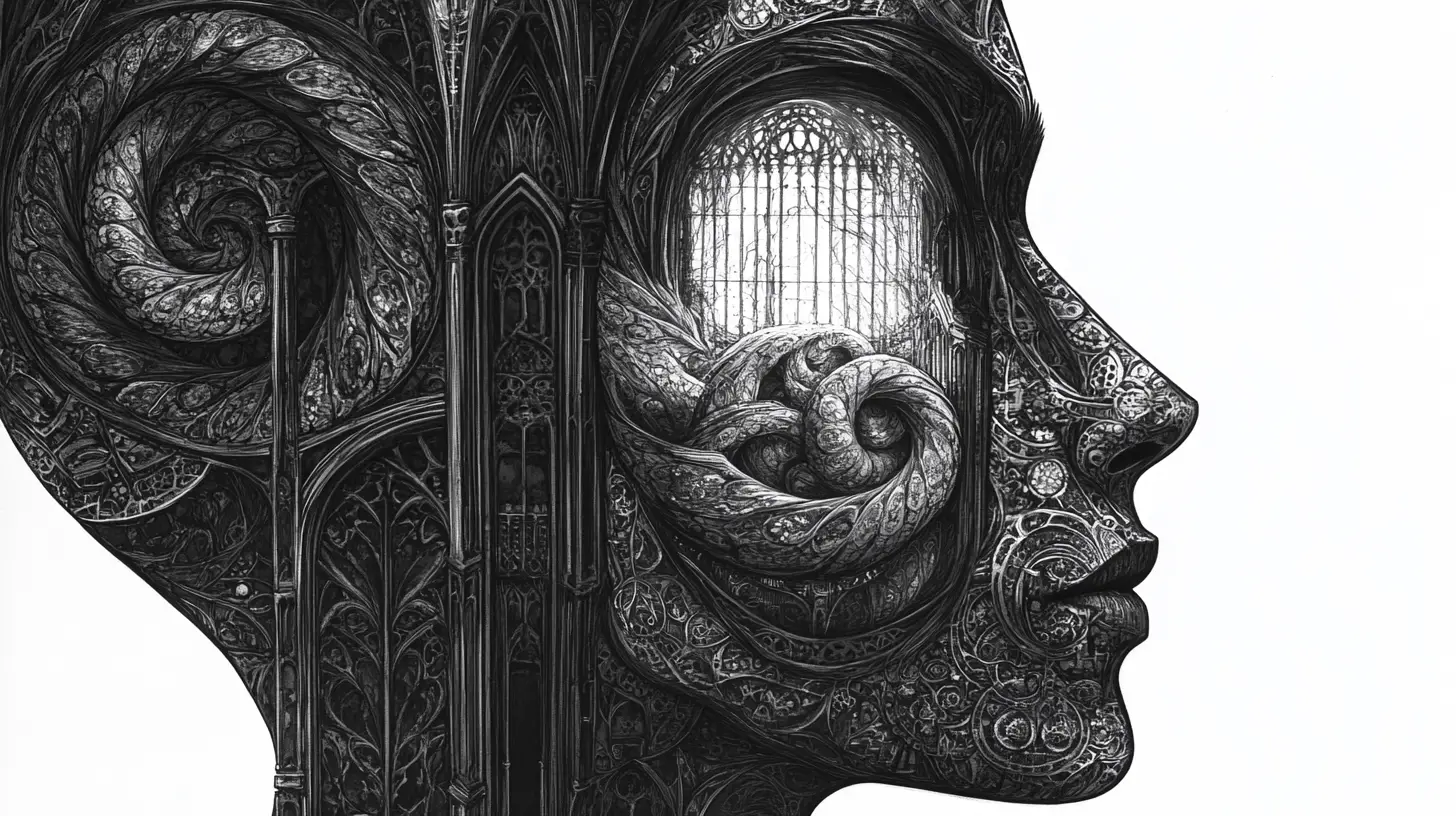 Surreal human face opening into cathedral interior