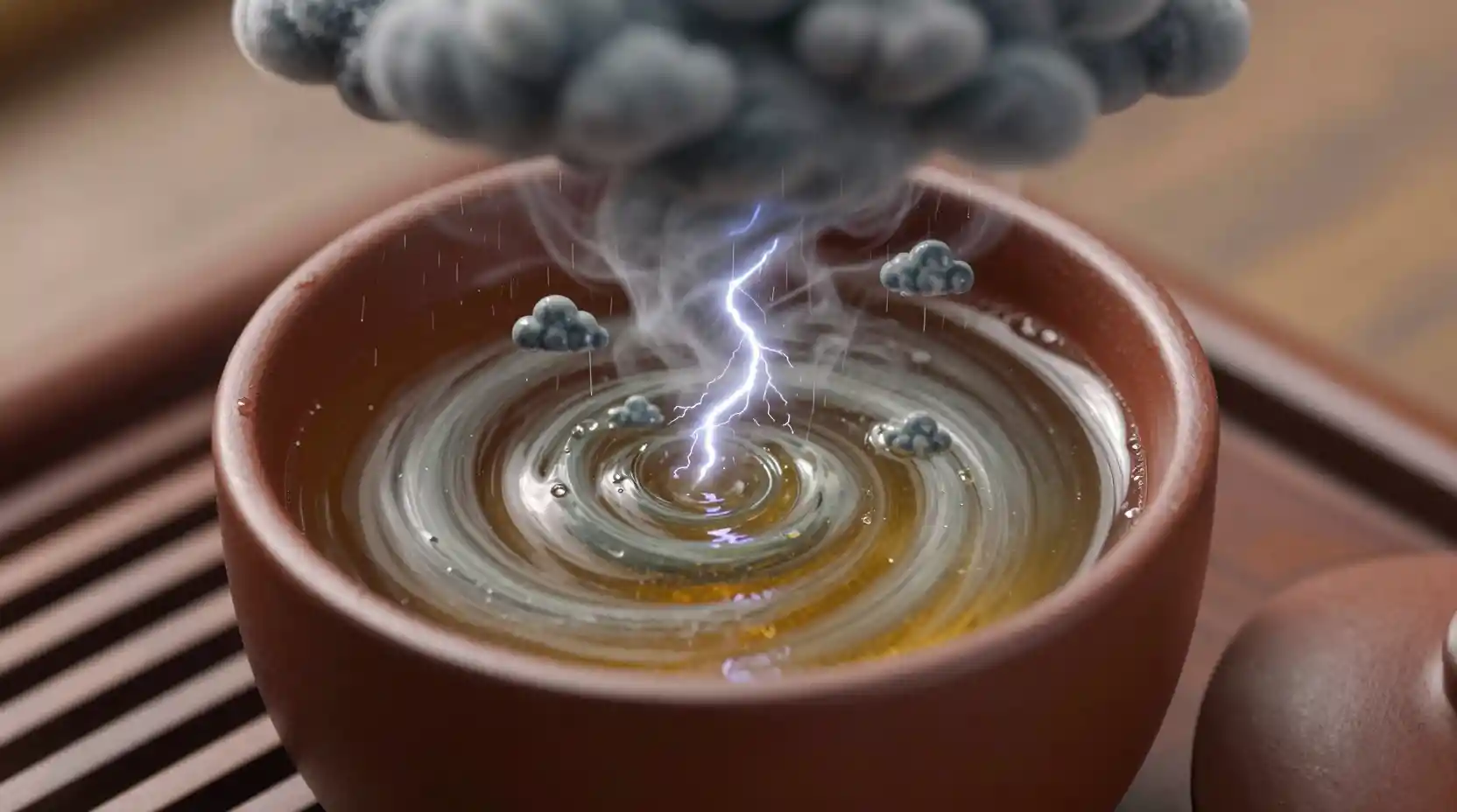 Miniature typhoon swirling inside a clay teacup close up