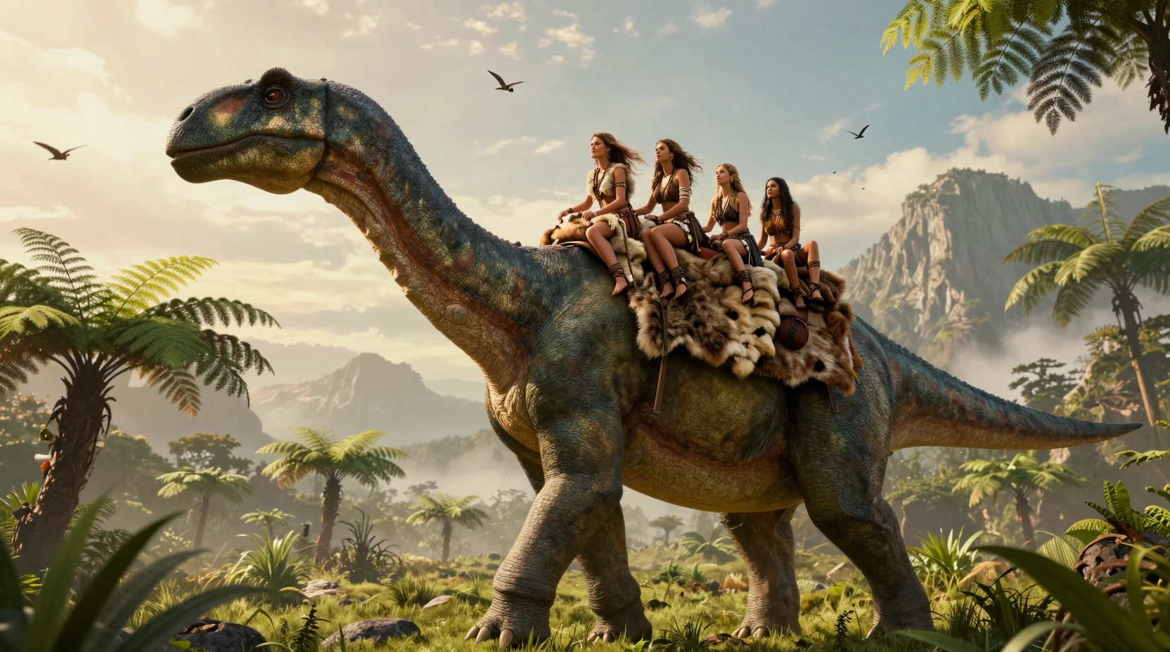 Mujeres montando un braquiosaurio a través de un valle prehistórico