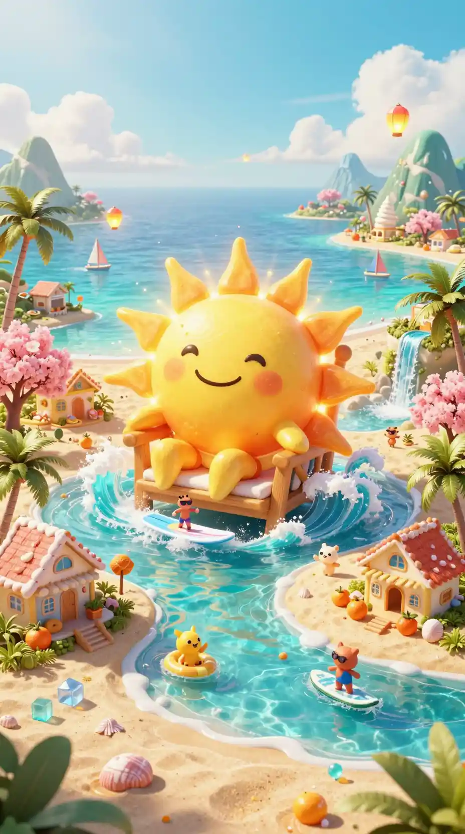 Cheerful Sun Character On A Tropical Fantasy Beach Throne