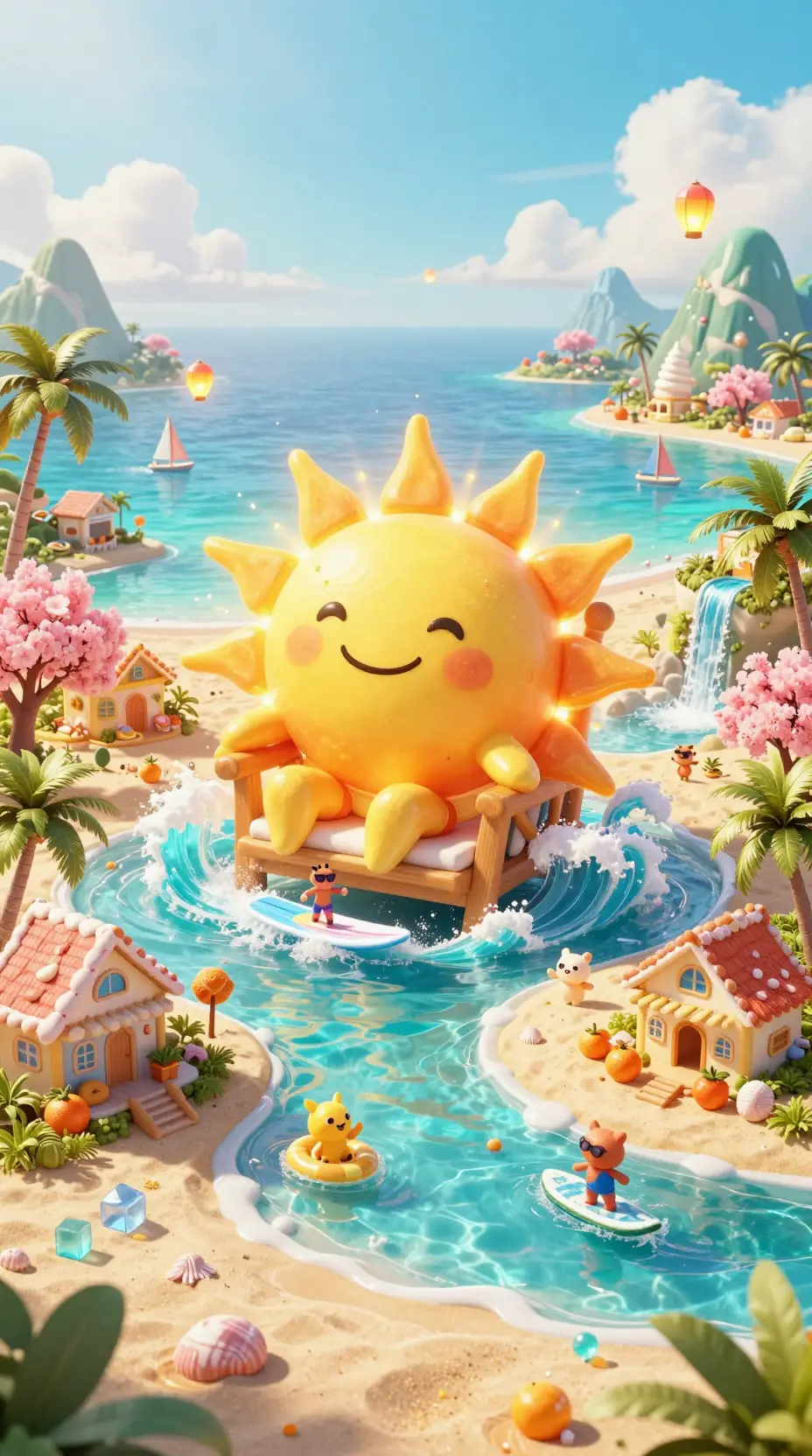 Personaje de Sol Alegre en un Trono de Playa de Fantasía Tropical