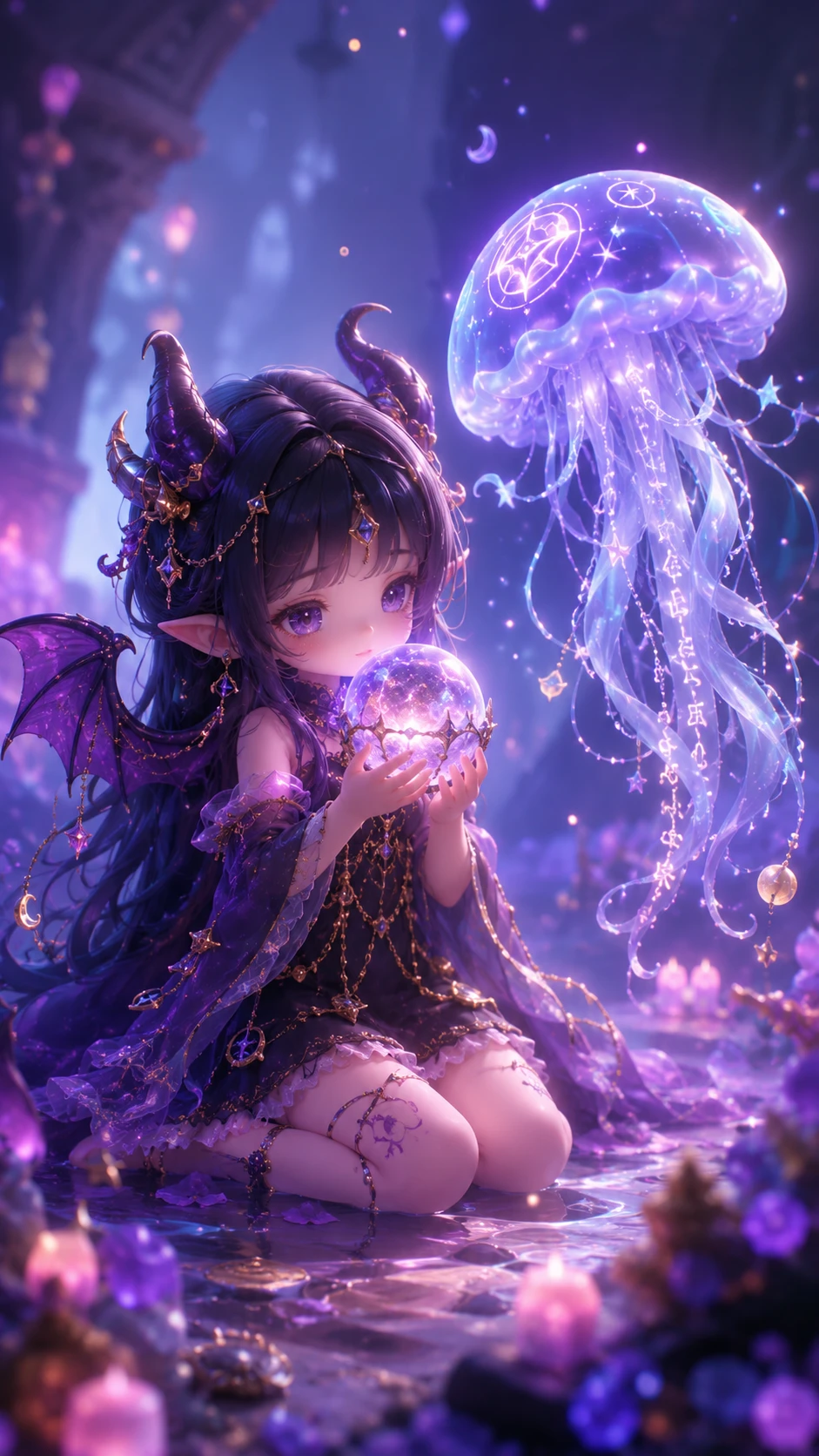 Mystical chibi demon girl holding a glowing dream orb