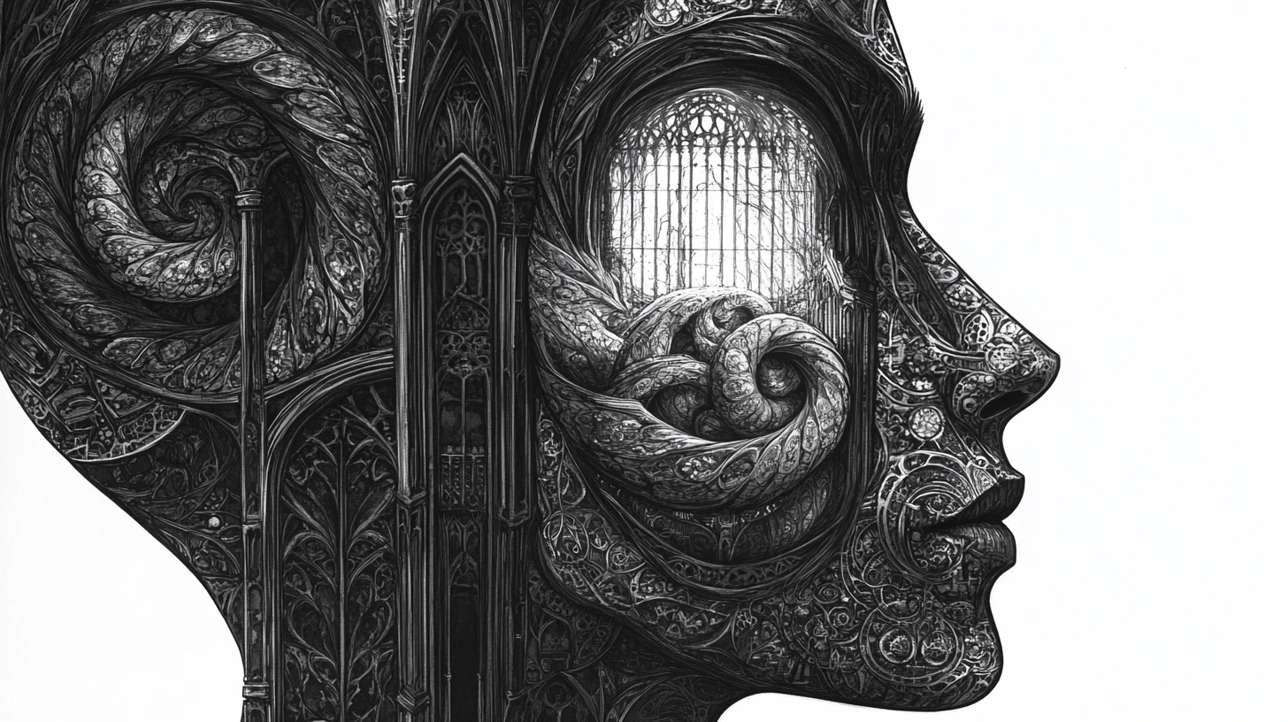 Volto umano surreale che si apre su un interno di cattedrale