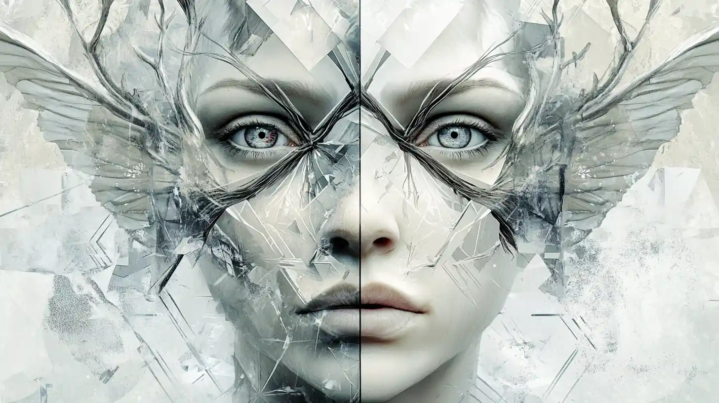 Symmetrical human and mythic face merging into one form