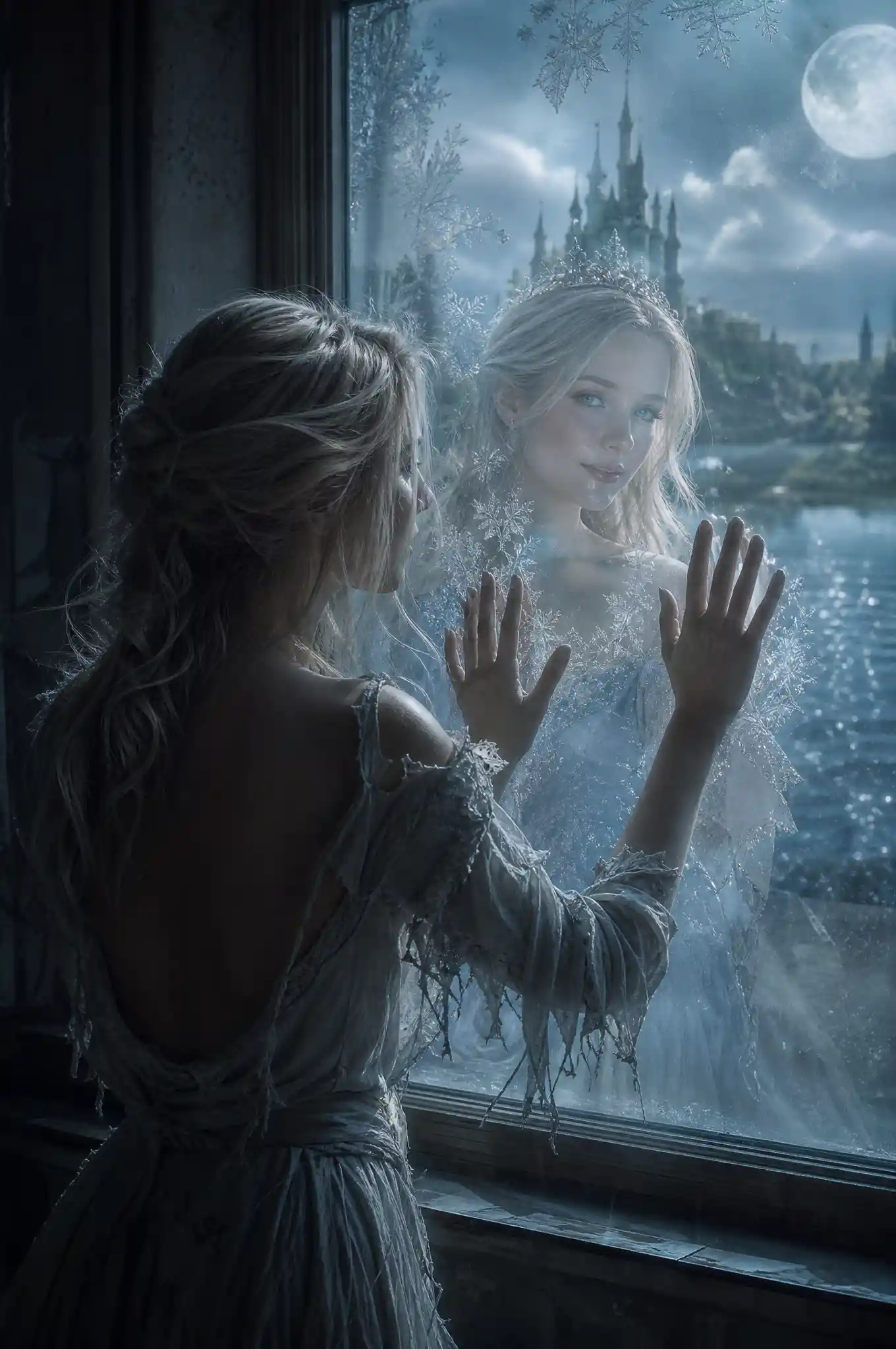 Girl pressing pale hands to a frosted glass window