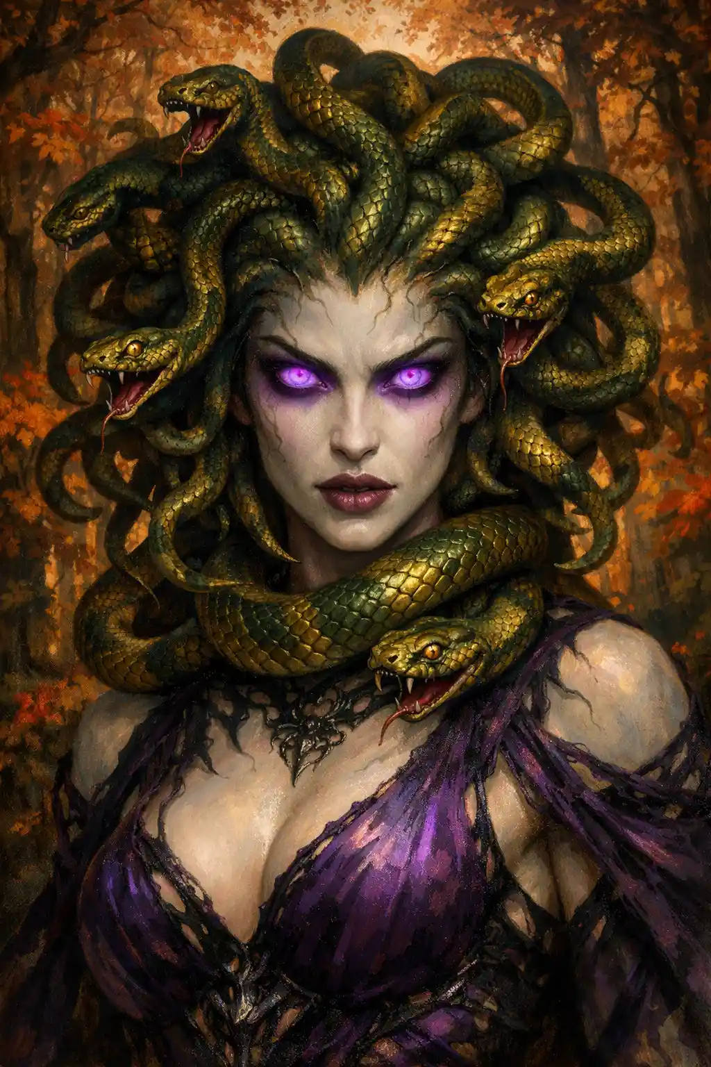 Medusa with serpent hair in a violet outfit in forest
