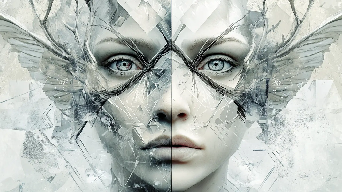 Symmetrical human and mythic face merging into one form