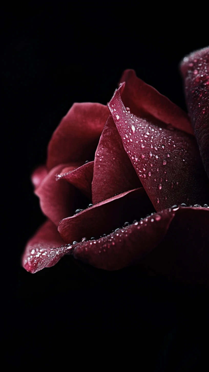 Dark rose petal in dramatic close up with dewy details