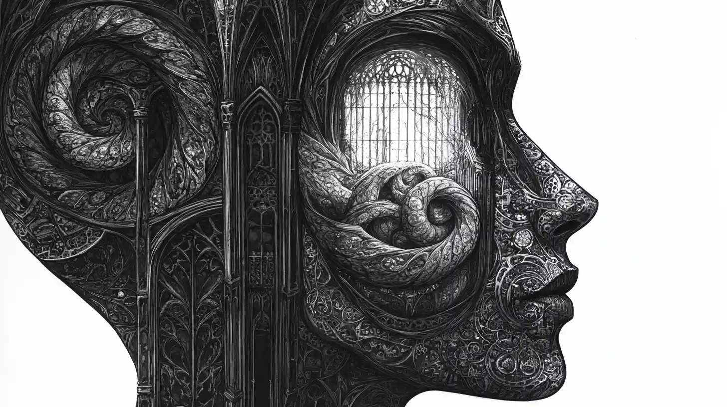 Surreal human face opening into cathedral interior