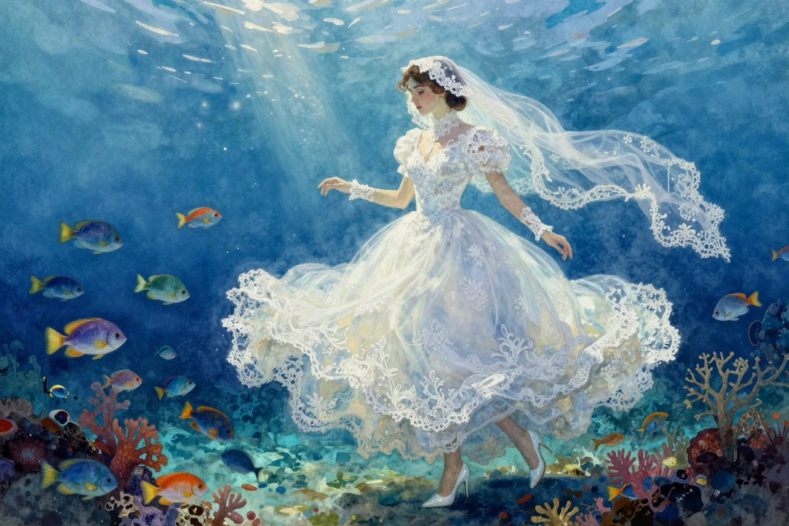 Novia submarina con vestido de encaje y velo flotante