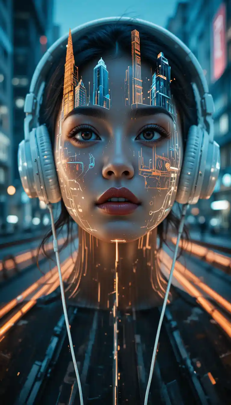 Close up of woman with headphones and neon city reflections