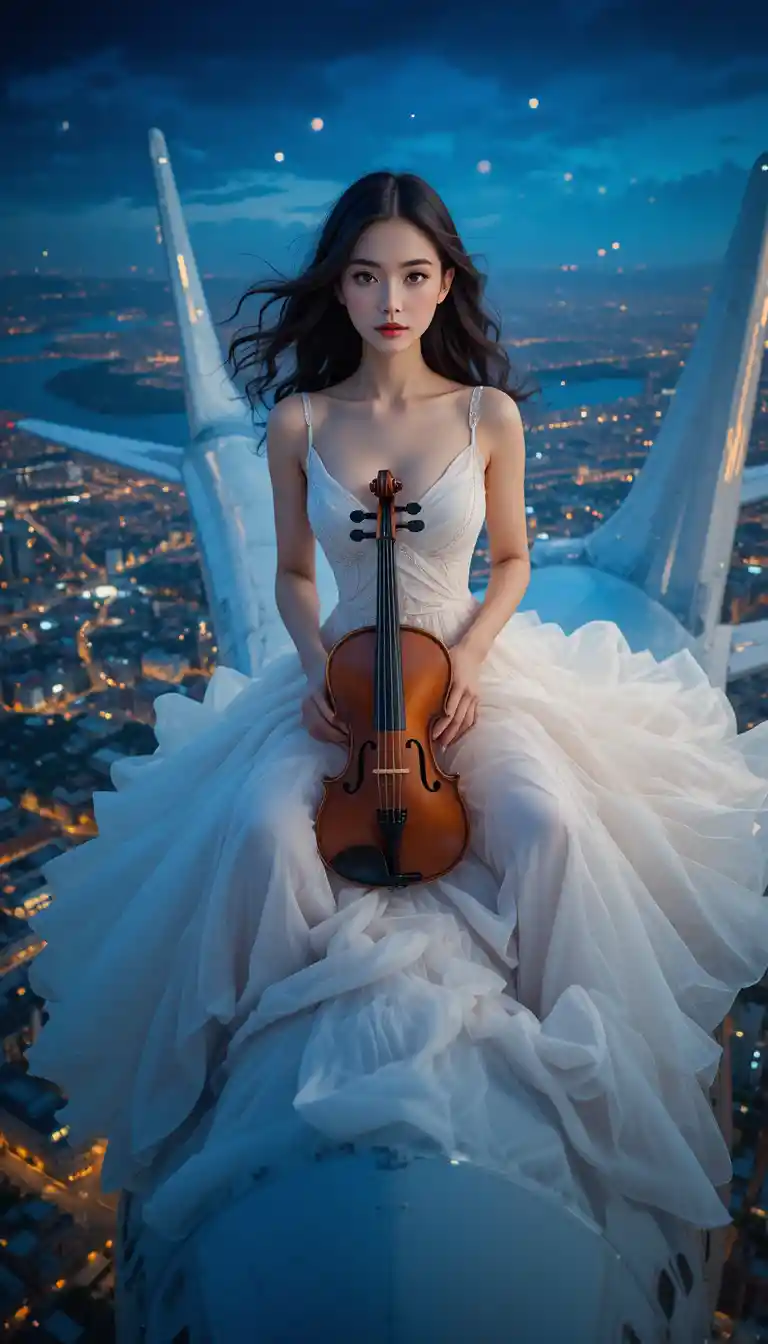 Woman in white dress playing violin on airplane nose