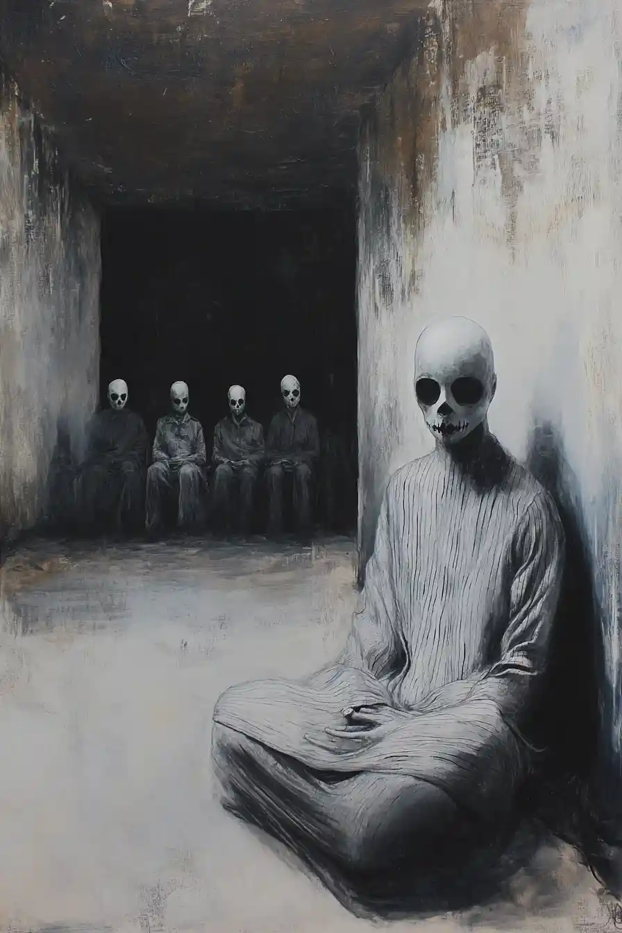 Surreal veiled woman in industrial hall with eerie audience