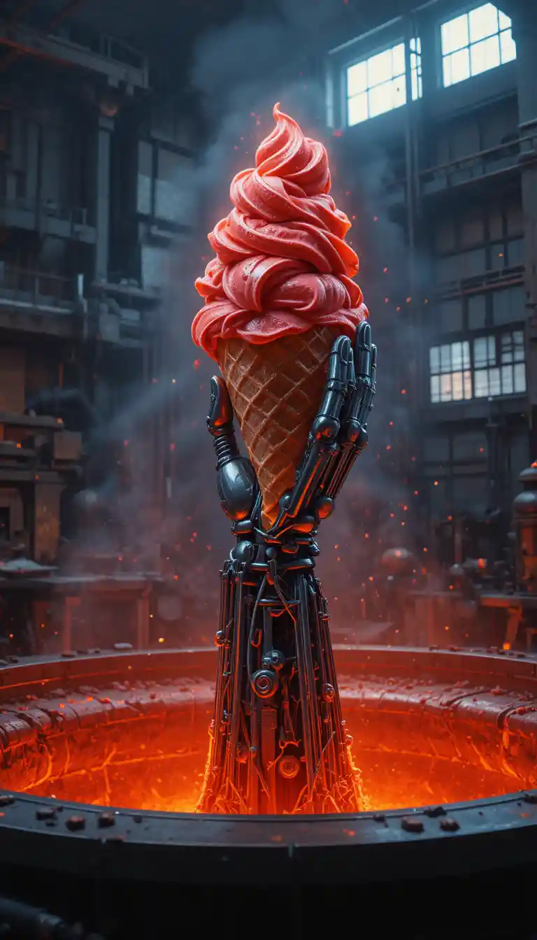 Robot hand rising from molten steel in a factory vat
