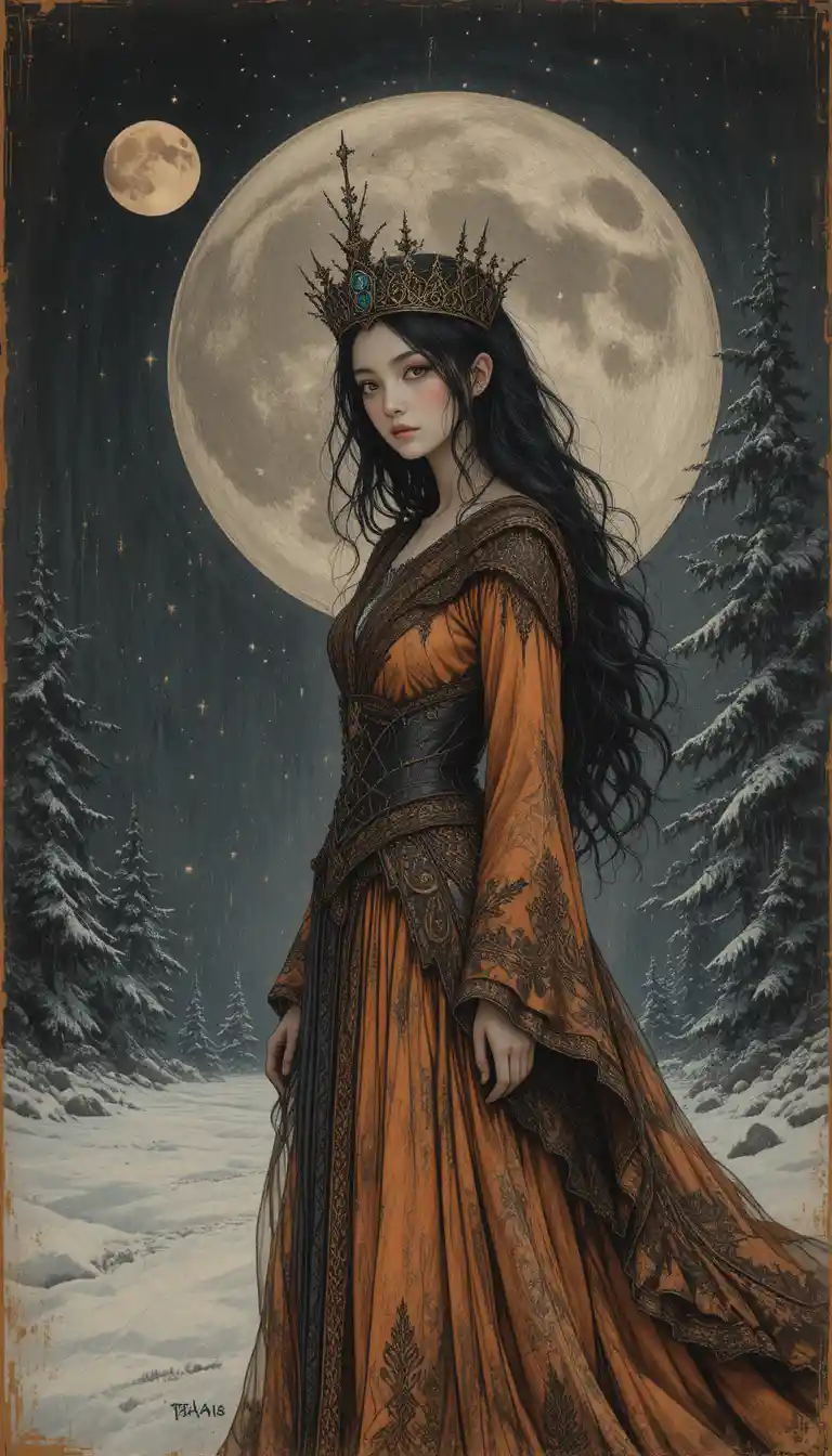 Anime queen and girl in a gothic winter fantasy scene