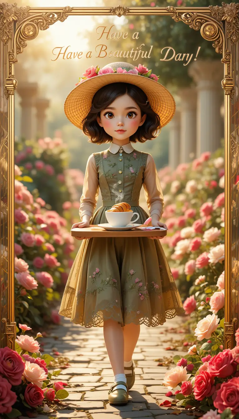 Kleines Mädchen mit Kaffeetablett in einem romantischen Rosengarten