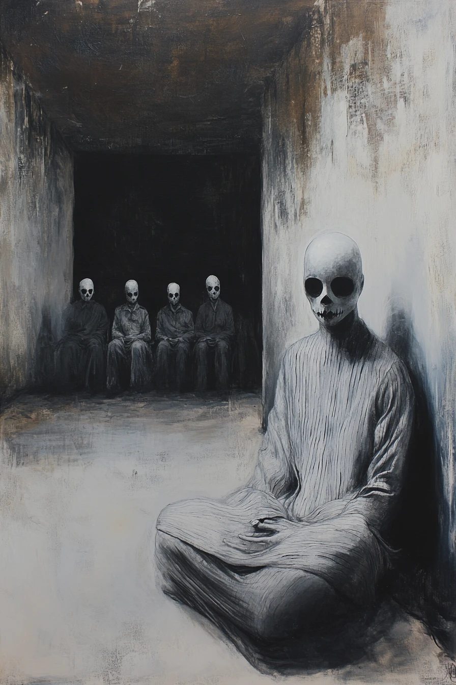 Surreal veiled woman in industrial hall with eerie audience