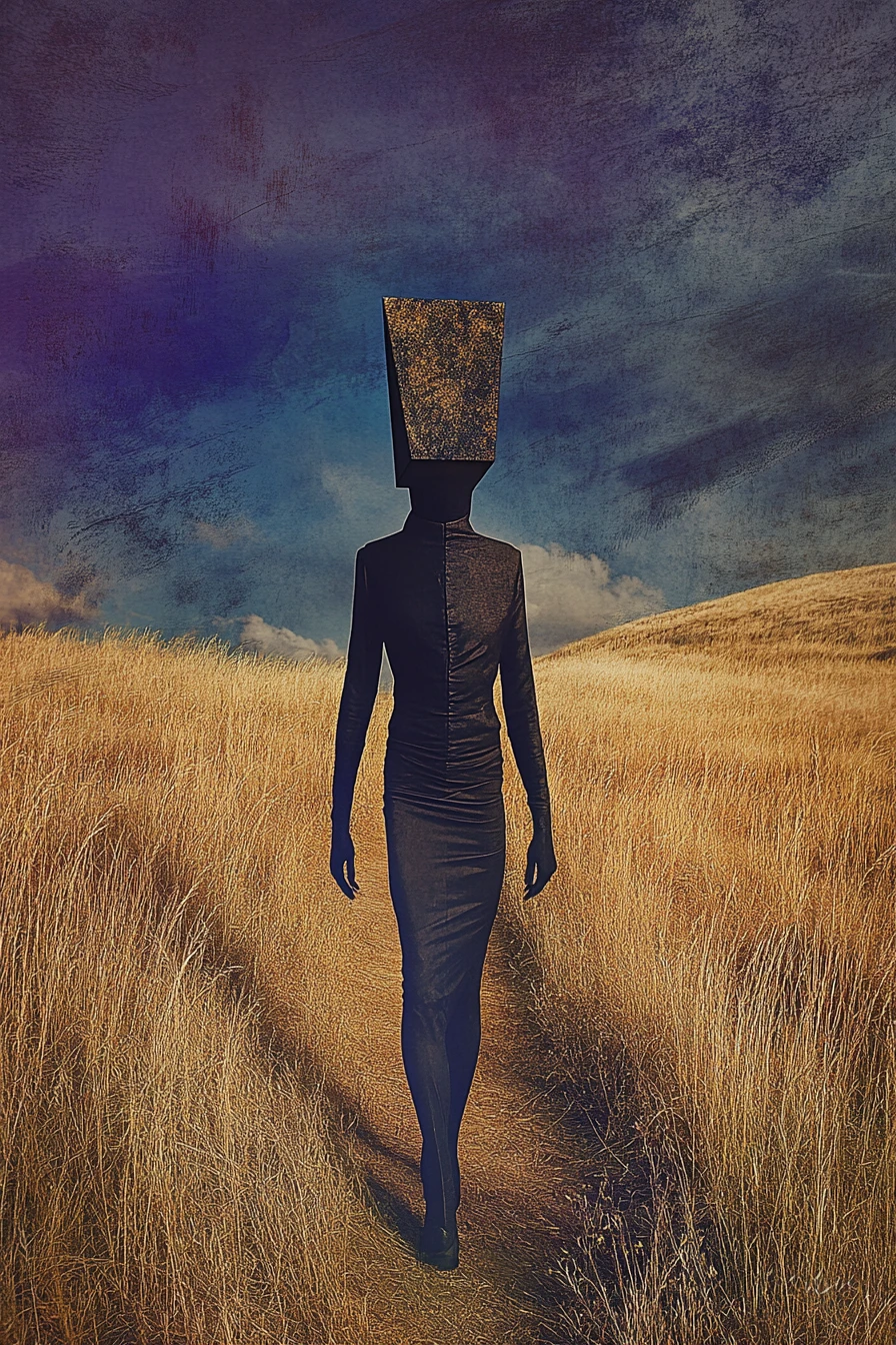 Headless figure in dark corset on path through dry grass