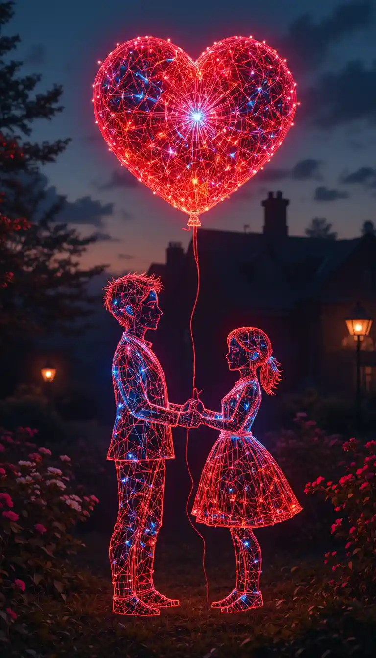 Wireframe boy and girl with glowing heart balloon at dusk