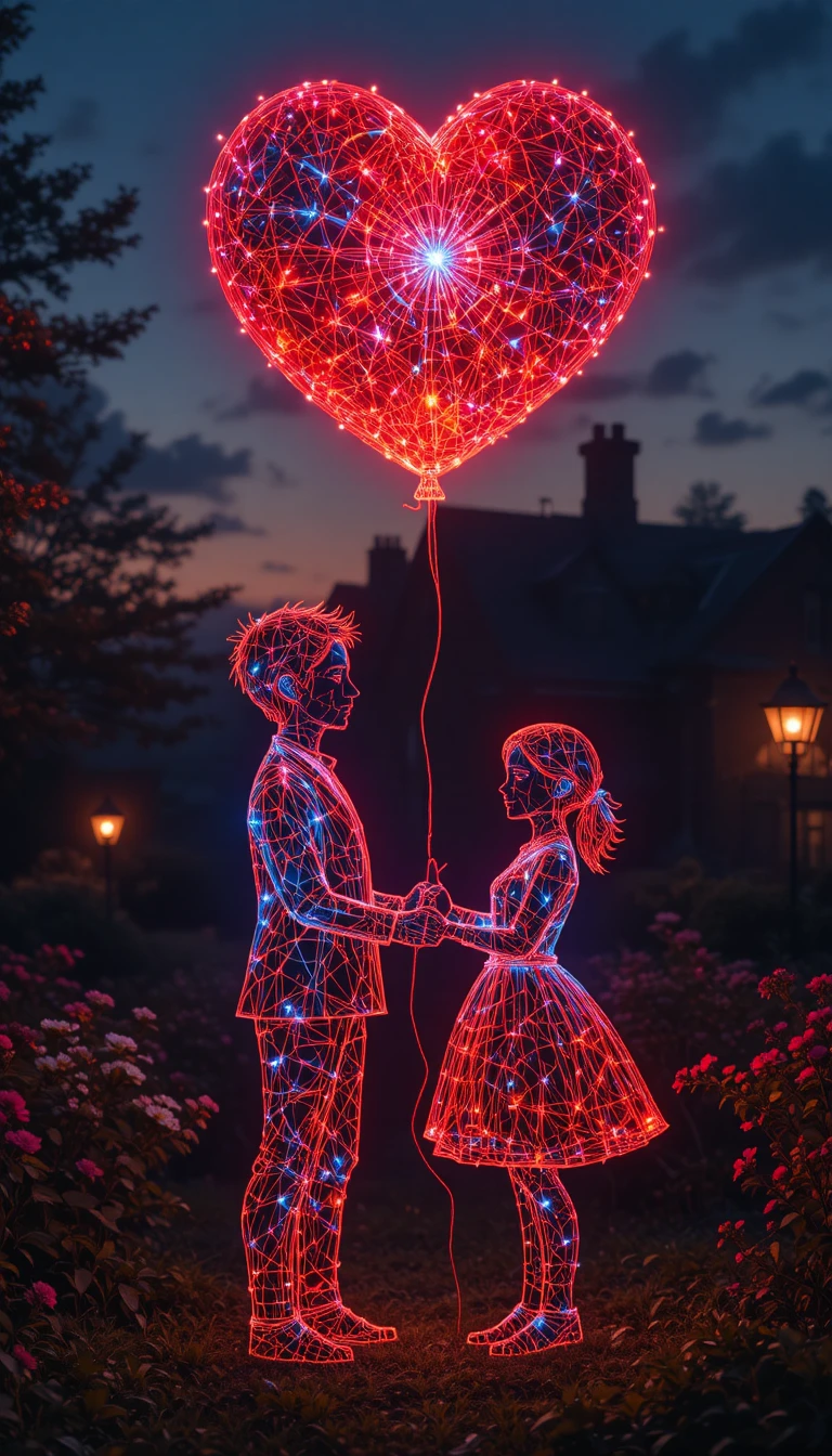 Wireframe boy and girl with glowing heart balloon at dusk
