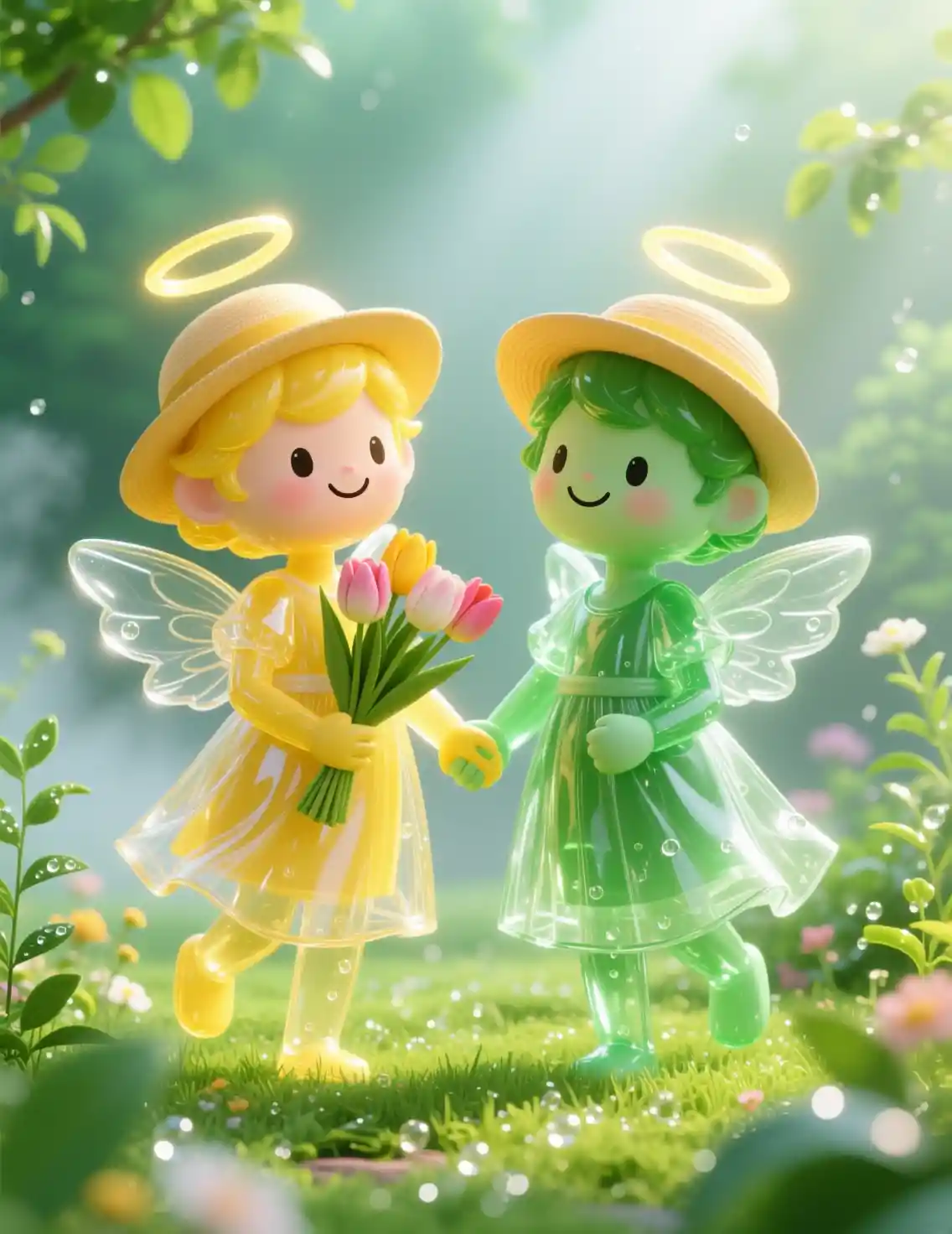 Playful glass angels holding tulips in a misty garden