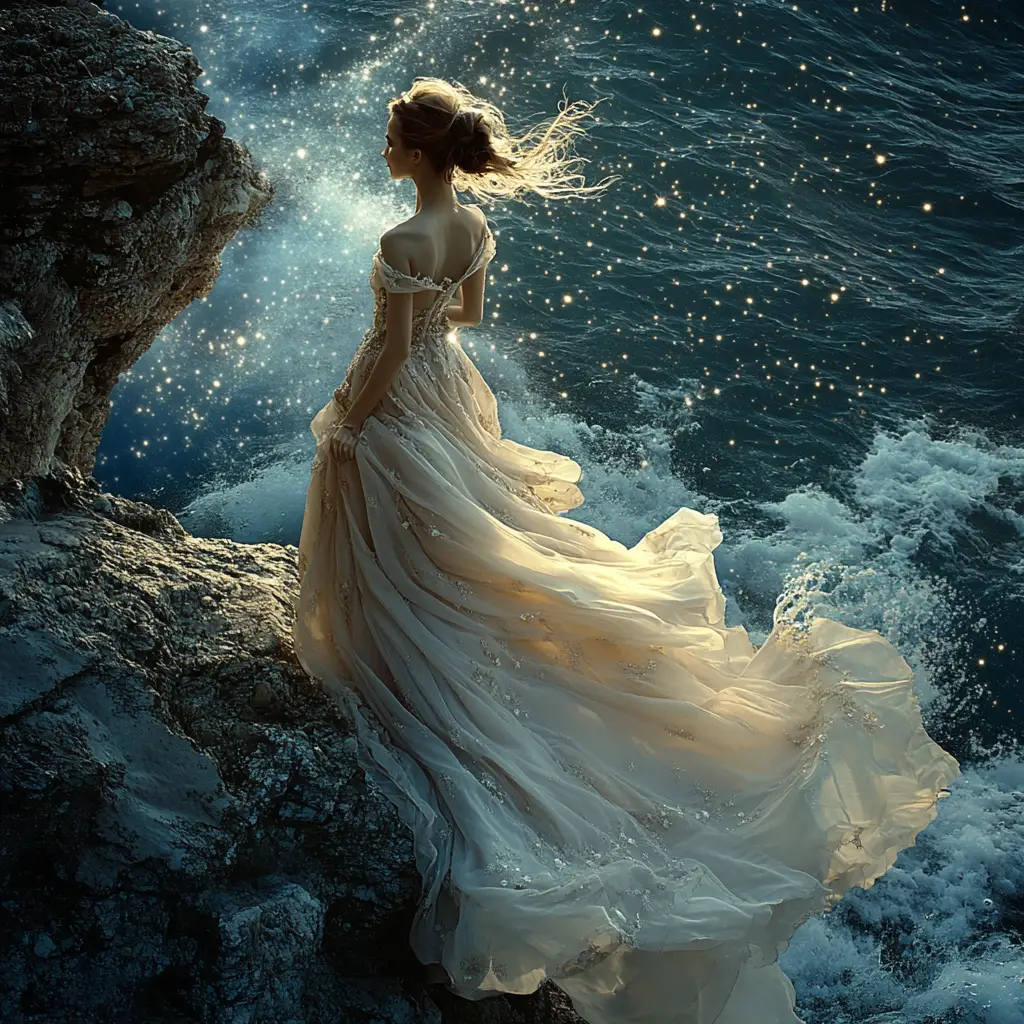 Ethereal woman on a sea cliff under starry night sky