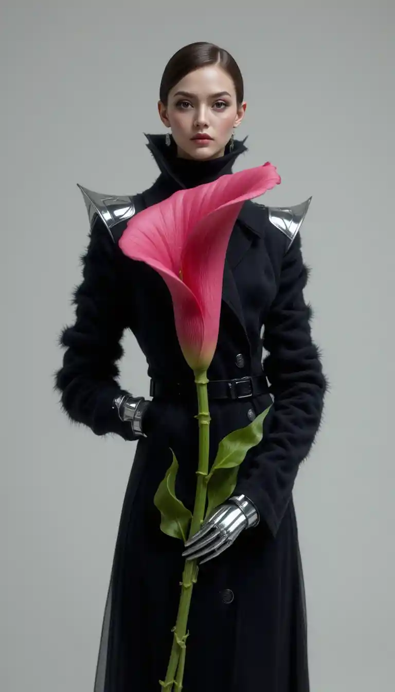 Dramatic fashion woman fused with curved dark pink calla lily