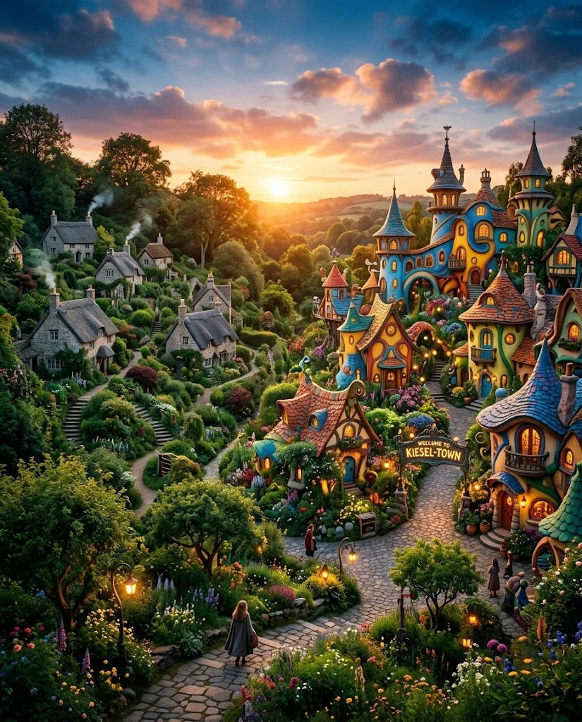 Whimsical fantasy town with colorful swirling architecture