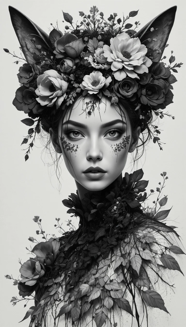 Mujer de alta costura surreal con rostro de flor de iris