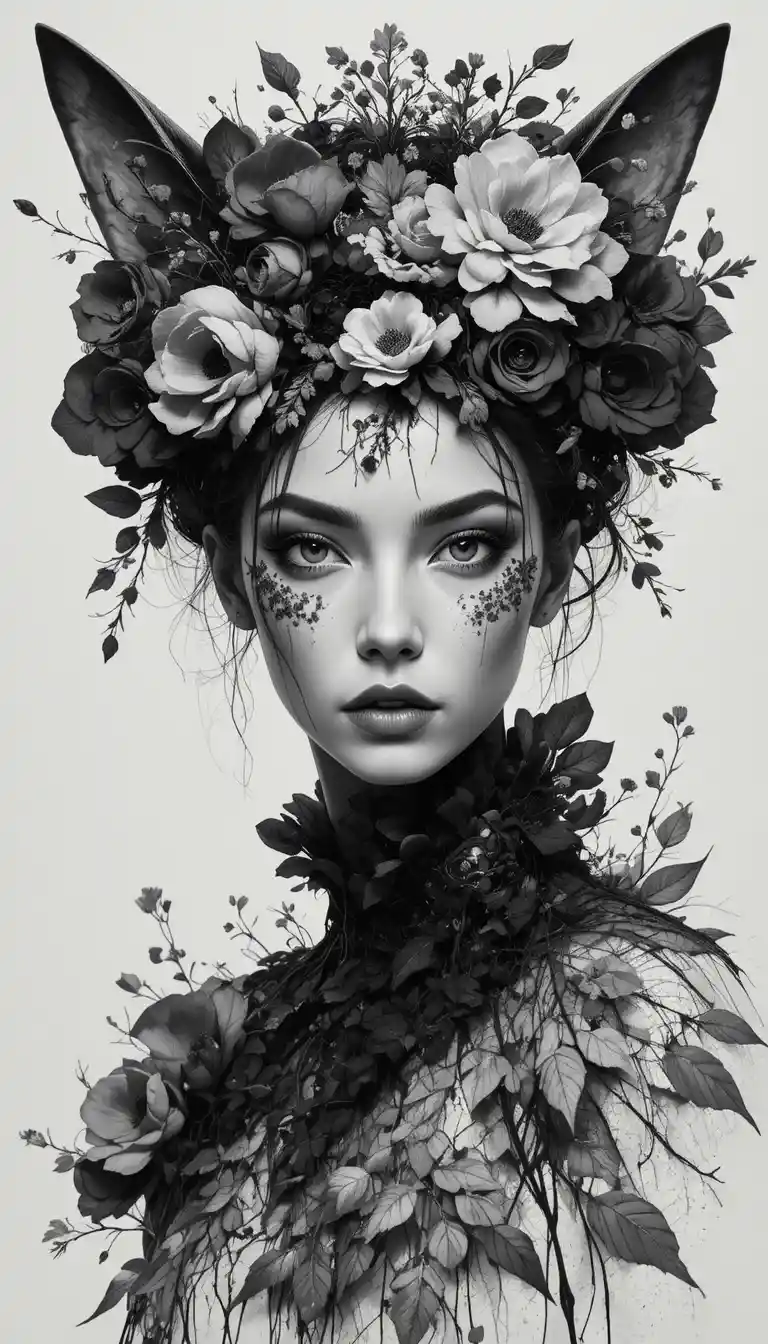 Surreal haute couture woman with iris flower face
