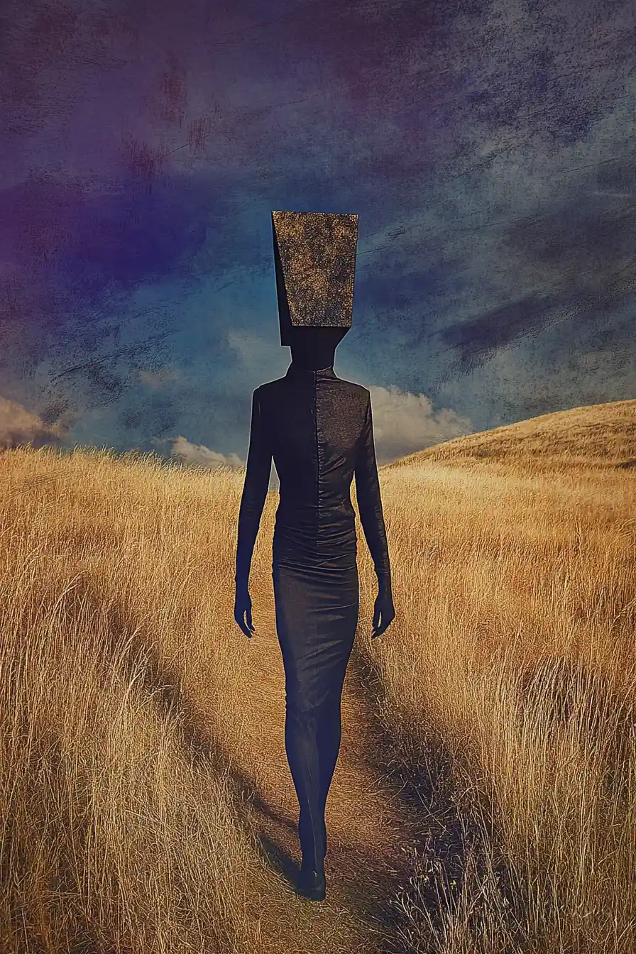 Headless figure in dark corset on path through dry grass