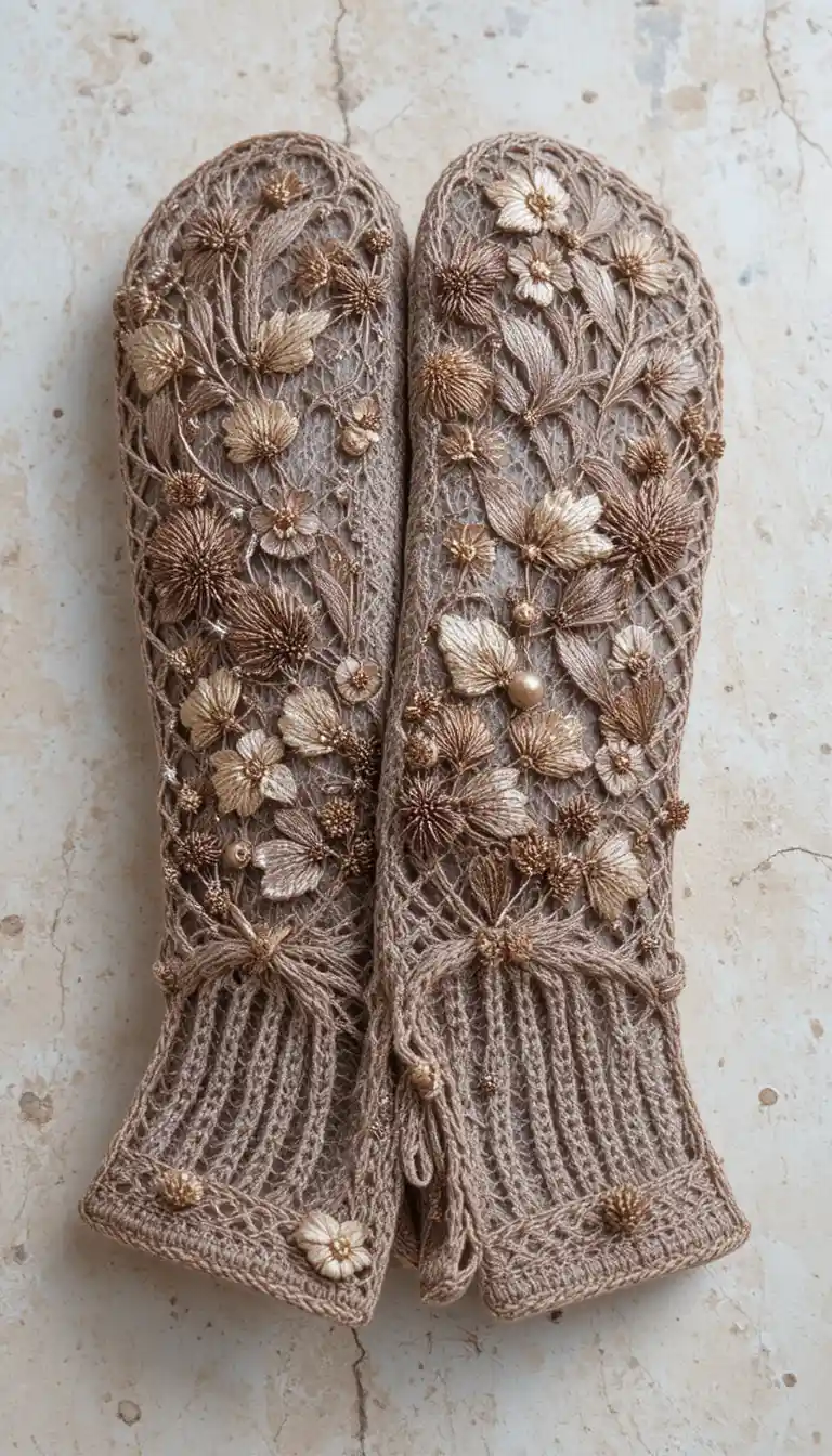 Delicate lace womens gloves with floral openwork design
